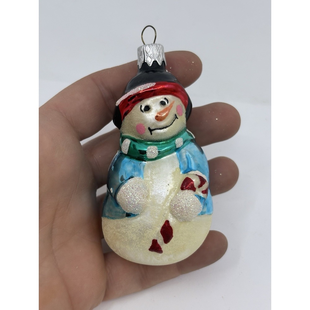 Snowman With Candy Cane Christmas Glass Ornament Blue‎ 2:2